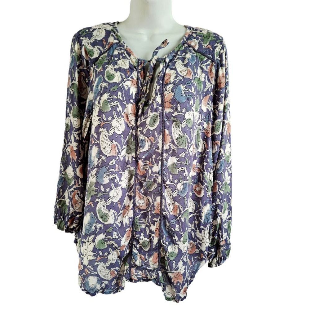 Lucky Brand Purple Floral Blouse sz Large peasant boho Cottagecore officecore